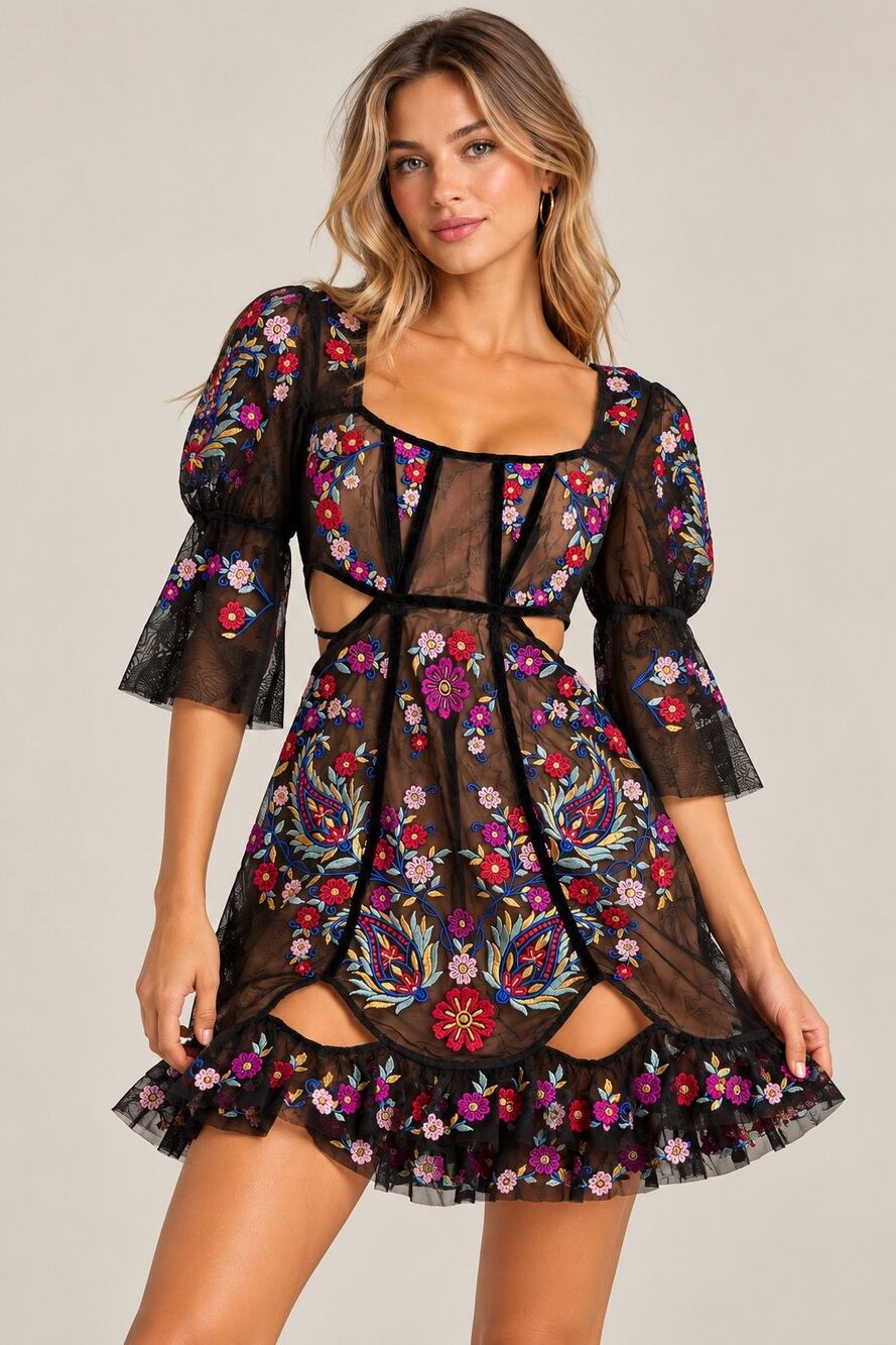 For Love & Lemons Luau Mini Dress M Black Floral Embroidered Mesh Cutout